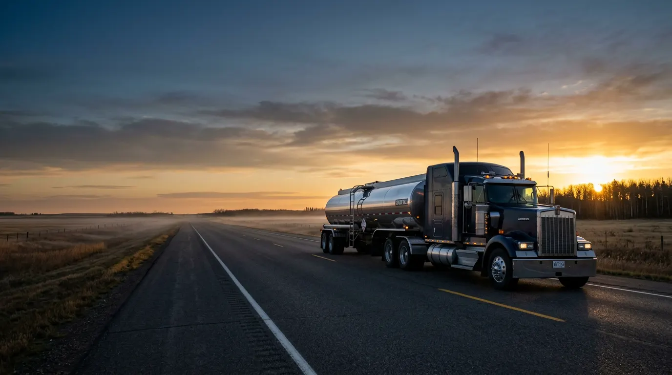 A Chappa Roadways crude oil tanker on an Alberta highway at sunrise