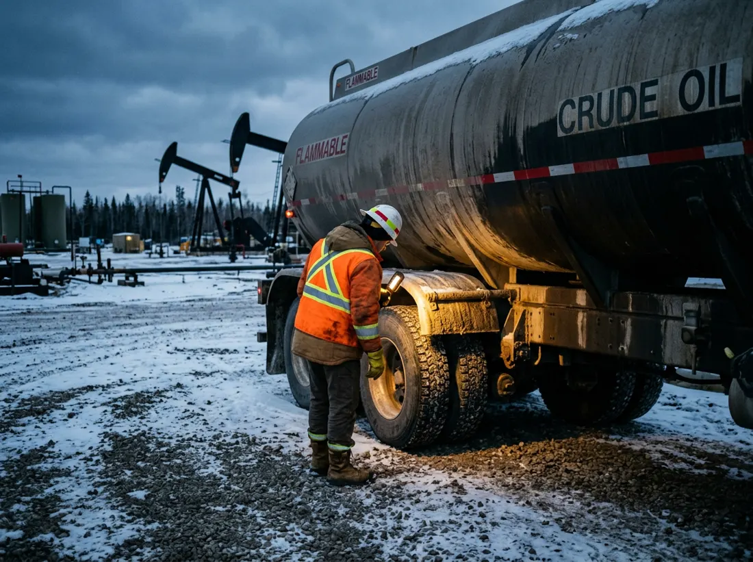 A driver in high-visibility gear inspecting a crude oil tanker at a snowy lease site